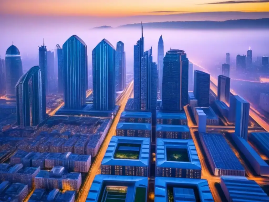 Metrópolis futurista: skyline urbano vibrante al atardecer Un paisaje urbano vibrante y futurista al atardecer, con edificios modernos y diseño de iluminación dinámico