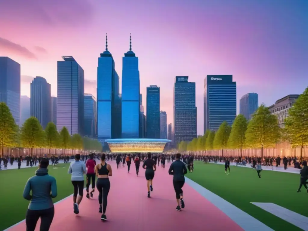 Vibrante ciudad al atardecer: armonía entre modernidad y naturaleza Un paisaje urbano vibrante al anochecer, con modernos rascacielos iluminados y un parque urbano lleno de gente realizando actividades recreativas