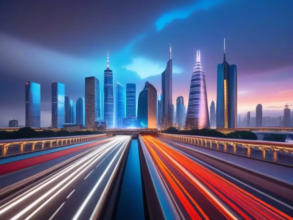 Horizonte urbano futurista: fusión de tradición y modernidad Un paisaje urbano vibrante al anochecer con rascacielos futuristas y luces neón, reflejando innovación y la coexistencia de estilos arquitectónicos