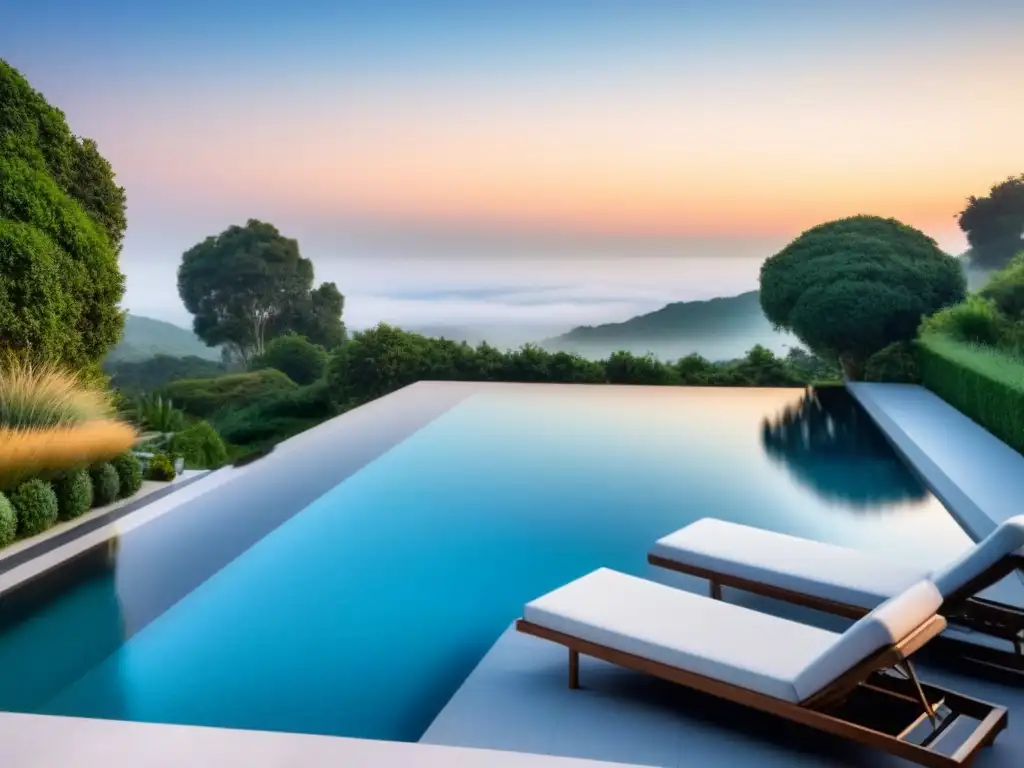Diseño de paisaje moderno con piscina infinita y atardecer dorado Paisajismo moderno para exteriores: una escena lujosa y serena con piscina infinita, naturaleza exuberante y muebles minimalistas al atardecer