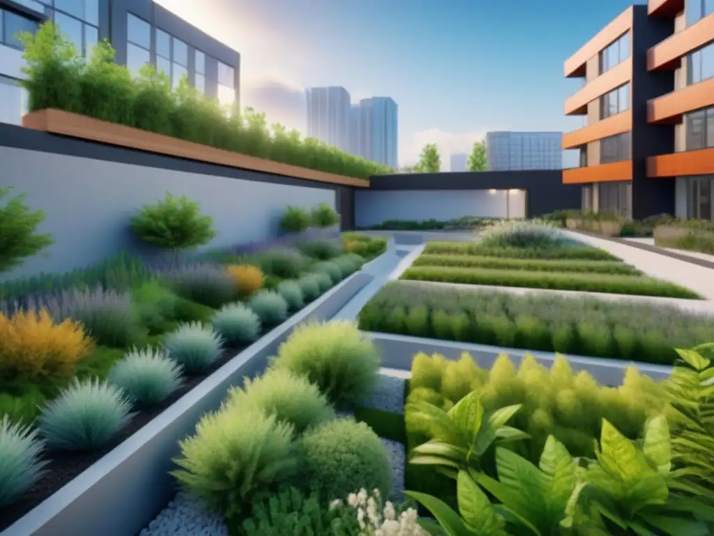 Diseño sostenible: paisaje urbano verde y vibrante Un paisajismo sostenible en un desarrollo inmobiliario urbano, con plantas nativas y arquitectura verde