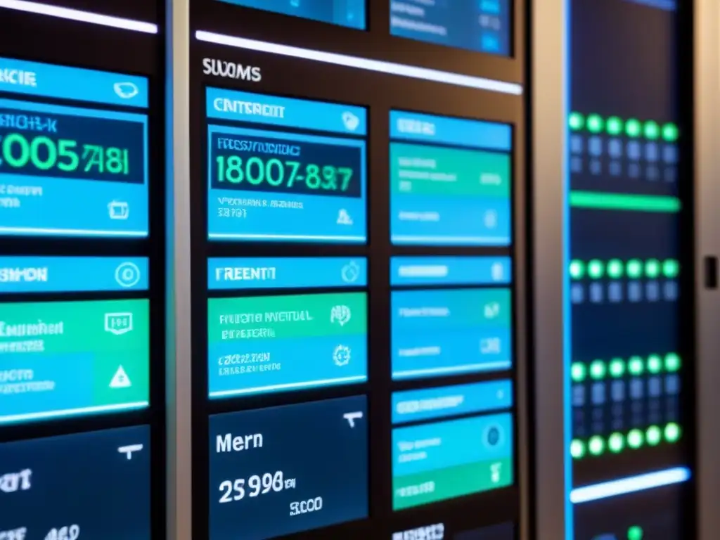 Panel de control futurista para gestión de edificios: eficiencia y sofisticación Panel de control futurista para automatización gestión inmuebles ahorro con pantallas táctiles avanzadas y luces azules y verdes