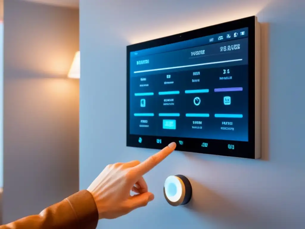 Panel de control de casa inteligente futurista: eficiencia automatizada Panel de control futurista en una casa inteligente, con iconos de seguridad y eficiencia energética