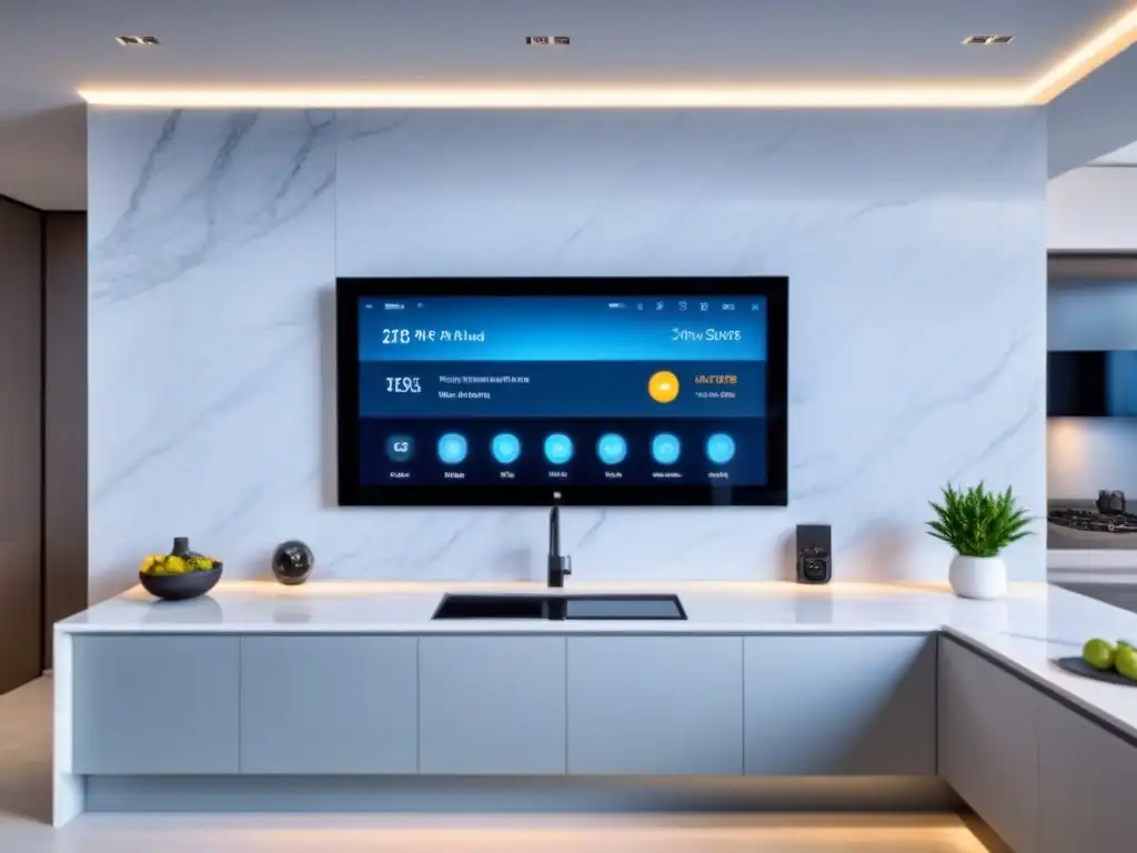 Panel de control de hogar inteligente futurista en mármol: tecnología de vanguardia para gestión inmobiliaria Panel de control futurista en mármol, con funciones avanzadas de automatización en bienes raíces innovadora