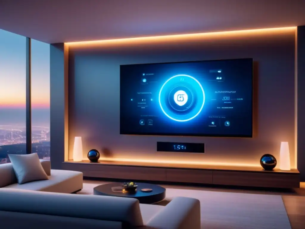 Panel de control futurista en sala de lujo: ciberseguridad y automatización inmobiliaria Panel de control futurista en lujoso salón moderno con ciberseguridad en sector inmobiliario