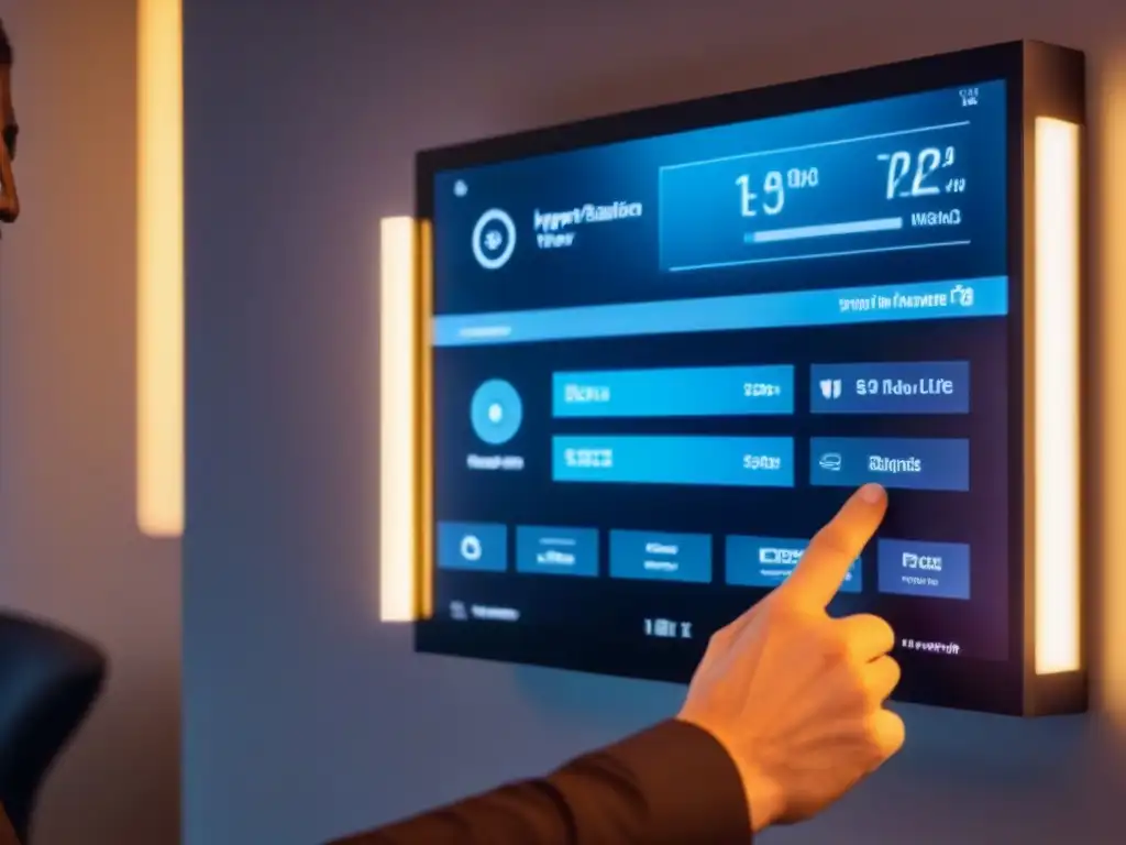 Panel de control domótico futurista: automatización en el hogar Panel de control futurista de vivienda inteligente, con funciones automatizadas de iluminación, seguridad, temperatura y entretenimiento