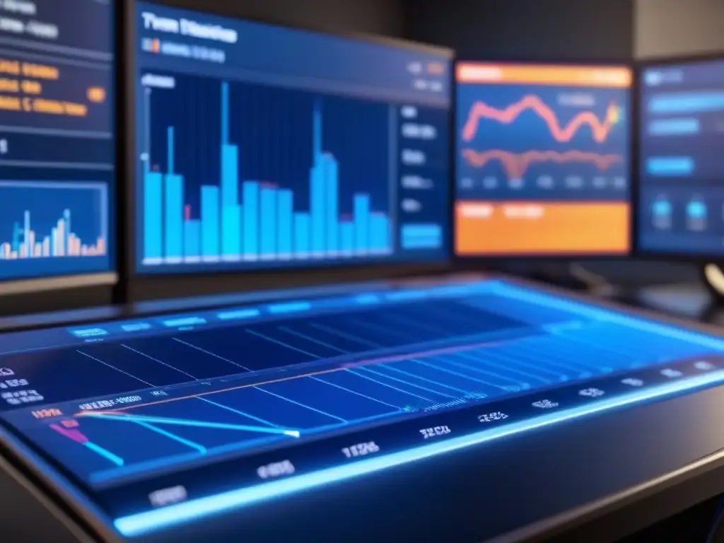 Tablero financiero futurista en 8K: gráficos interactivos, datos bursátiles en tiempo real y herramientas de análisis avanzadas en una interfaz sofisticada Un panel financiero futurista en pantalla HD con herramientas digitales para inversionistas inmobiliarios
