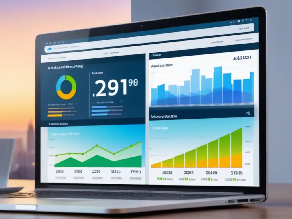 Tablero de marketing inmobiliario automatizado: análisis y métricas Panel de marketing inmobiliario automatización estrategias efectivas en tonos azules y blancos