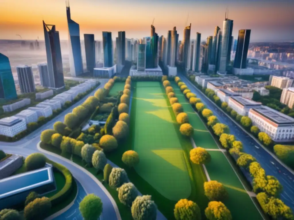 Metrópolis vibrante: fusión de arquitectura y naturaleza al atardecer Un panorama aéreo detallado de una ciudad bulliciosa con rascacielos, edificios residenciales y espacios verdes entrelazados armoniosamente