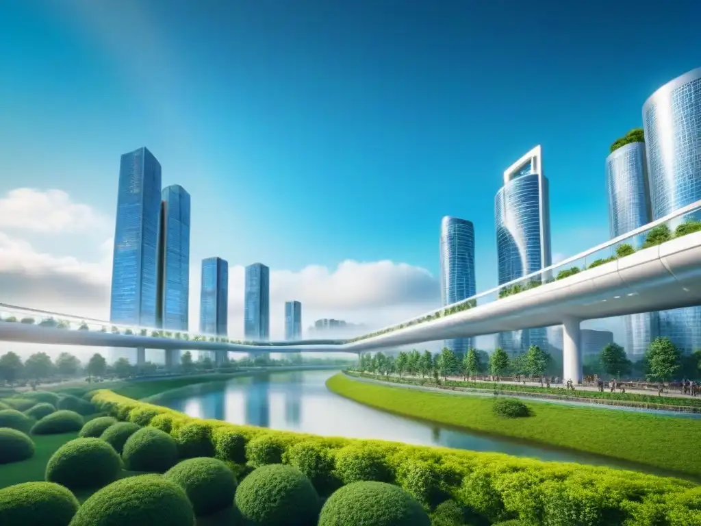 Metrópolis futurista: rascacielos modernos y sostenibles Panorama futurista de ciudad sostenible con rascacielos modernos y diseño innovador, reflejando tendencias mercado inmobiliario