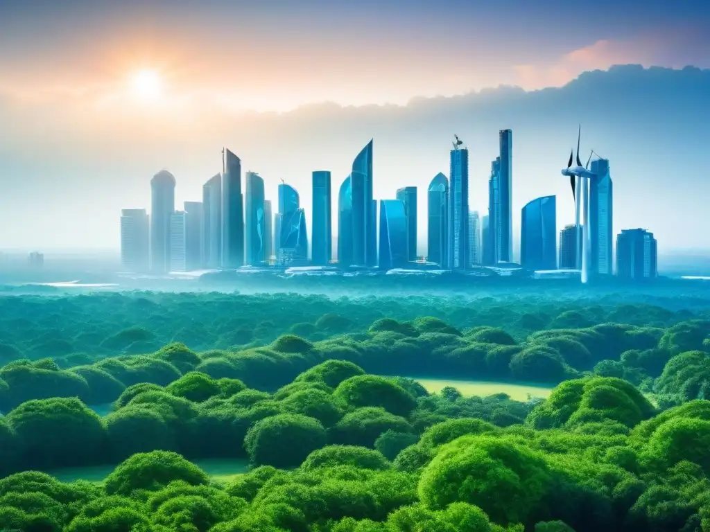 Skyline futurista: rascacielos ecoamigables en armonía con la naturaleza Panorama urbano futurista con rascacielos ecológicos, integrando normativas ambientales en proyectos inmobiliarios