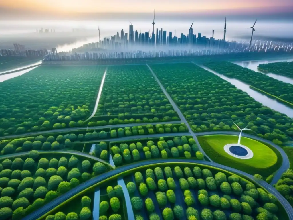 Panorámica urbana: Integración verde y sostenible en la ciudad Panorámica aérea detallada de una ciudad con techos verdes, paneles solares, parques urbanos y moderna infraestructura, resaltando estrategias de inversión en infraestructura verde