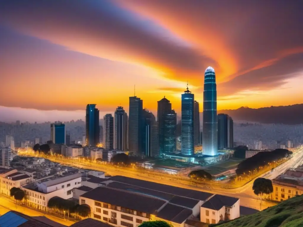 Panorama moderno de Lima al atardecer: real estate en Perú Panorámica de Lima al atardecer, destaca arquitectura moderna con rascacielos y bulliciosas calles