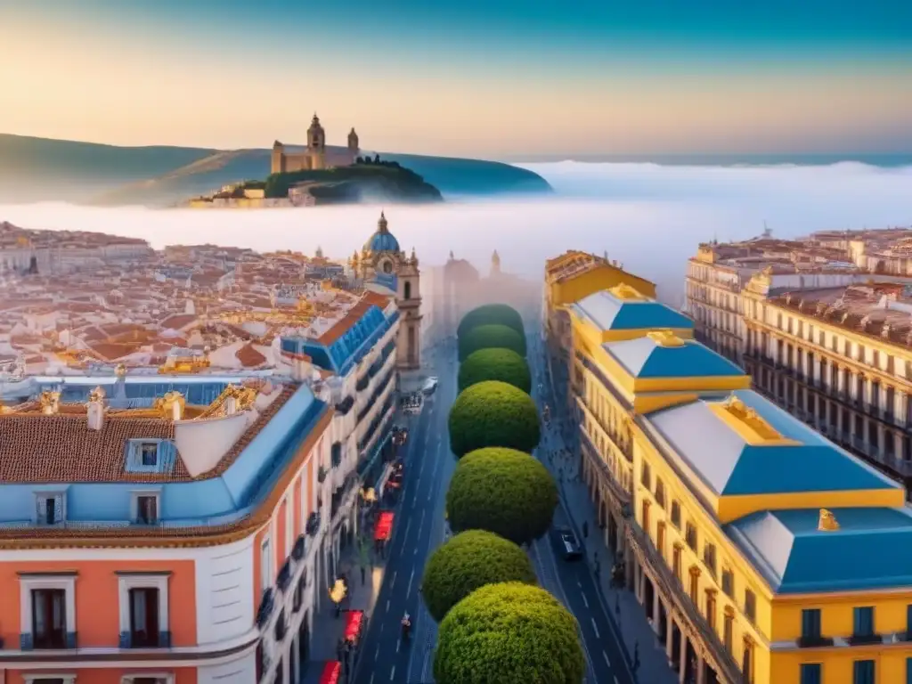 Vibrante mercado inmobiliario en España: la evolución urbana Panorámica de ciudad española con arquitectura histórica y rascacielos modernos, reflejando los ciclos inmobiliarios en España