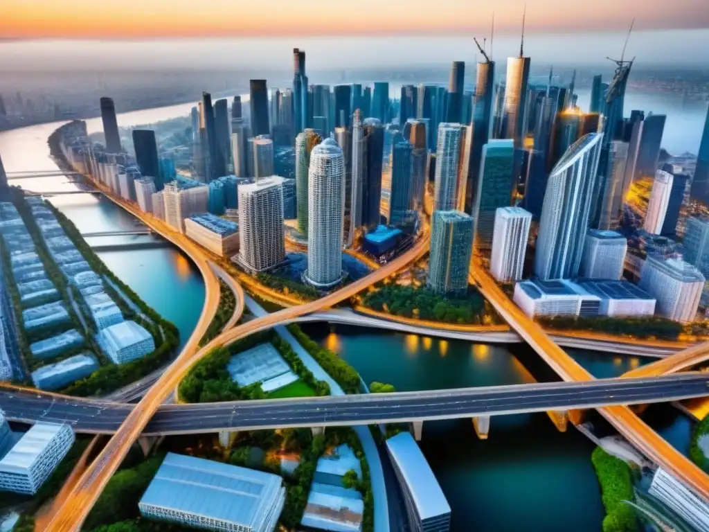 Metrópolis en construcción: el dinamismo del sector inmobiliario Panorámica de una ciudad moderna en constante evolución, reflejando los riesgos en inversión inmobiliaria