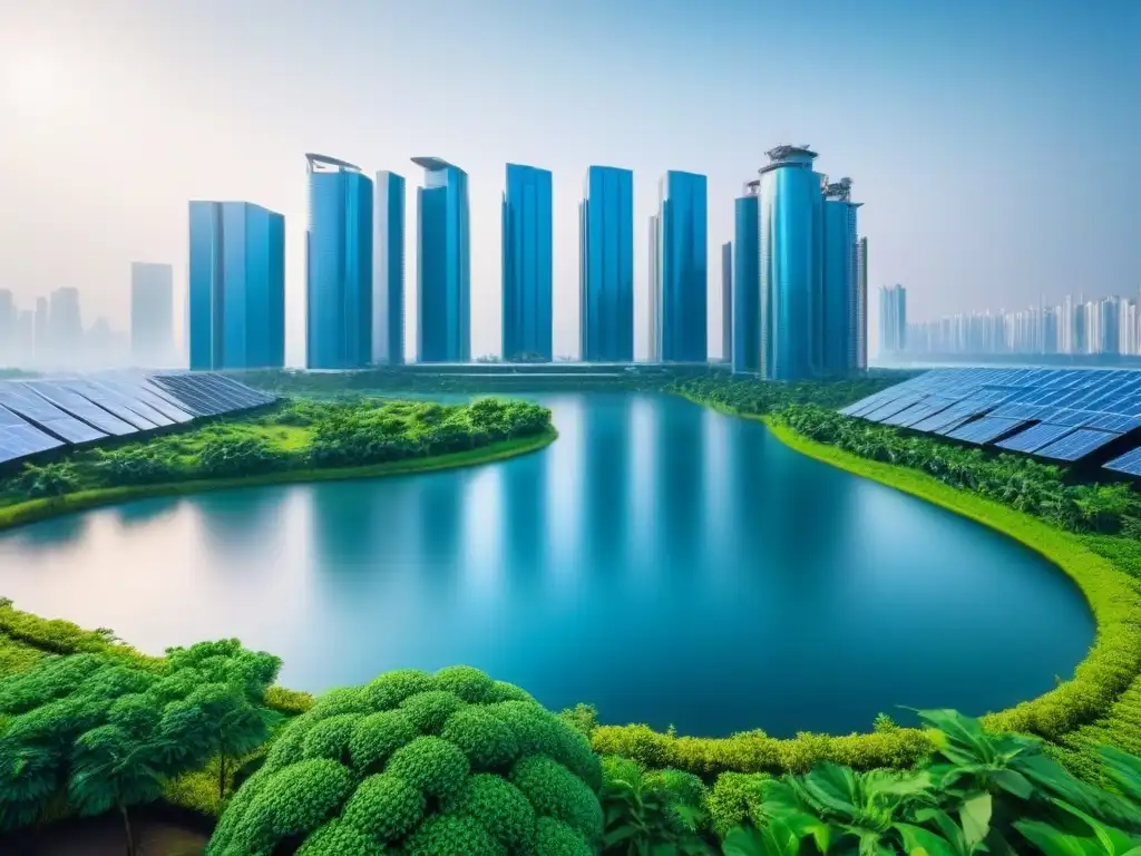 Horizonte urbano sostenible: visión futurista de arquitectura ecofriendly Panorámica de una ciudad moderna con rascacielos sostenibles rodeados de vegetación y agua limpia