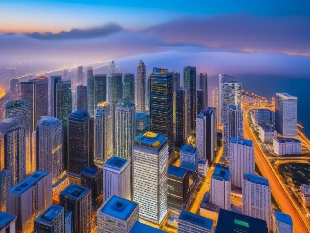 Espectacular ciudad nocturna: luces y modernidad Una panorámica pintoresca de una bulliciosa ciudad al anochecer, con rascacielos modernos iluminados y calles llenas de luz