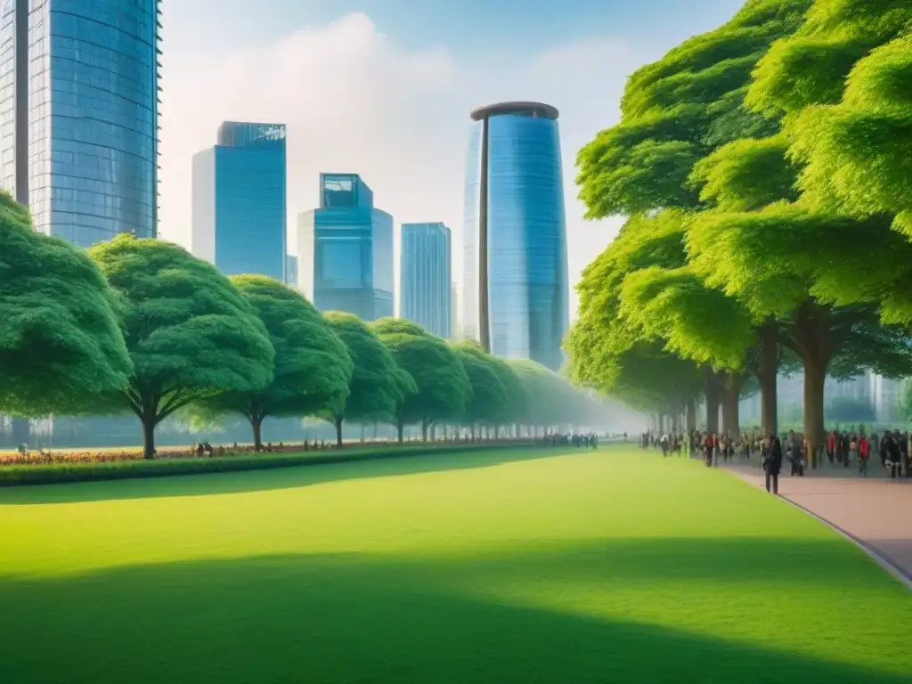 Metrópolis Verde: Fusión de Ciudad y Naturaleza en 8k Una panorámica urbana moderna con rascacielos y parques verdes