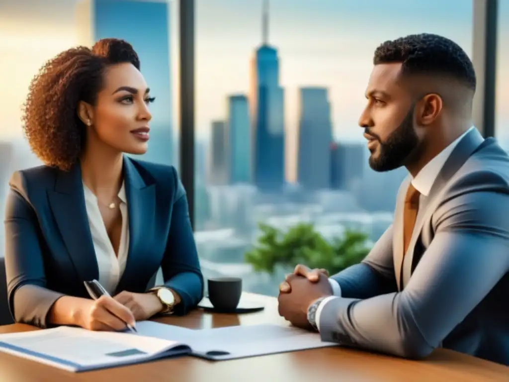 Planificación financiera en pareja con asesor: moderno y profesional Una pareja diversa en consulta con asesor financiero, planeando su futuro