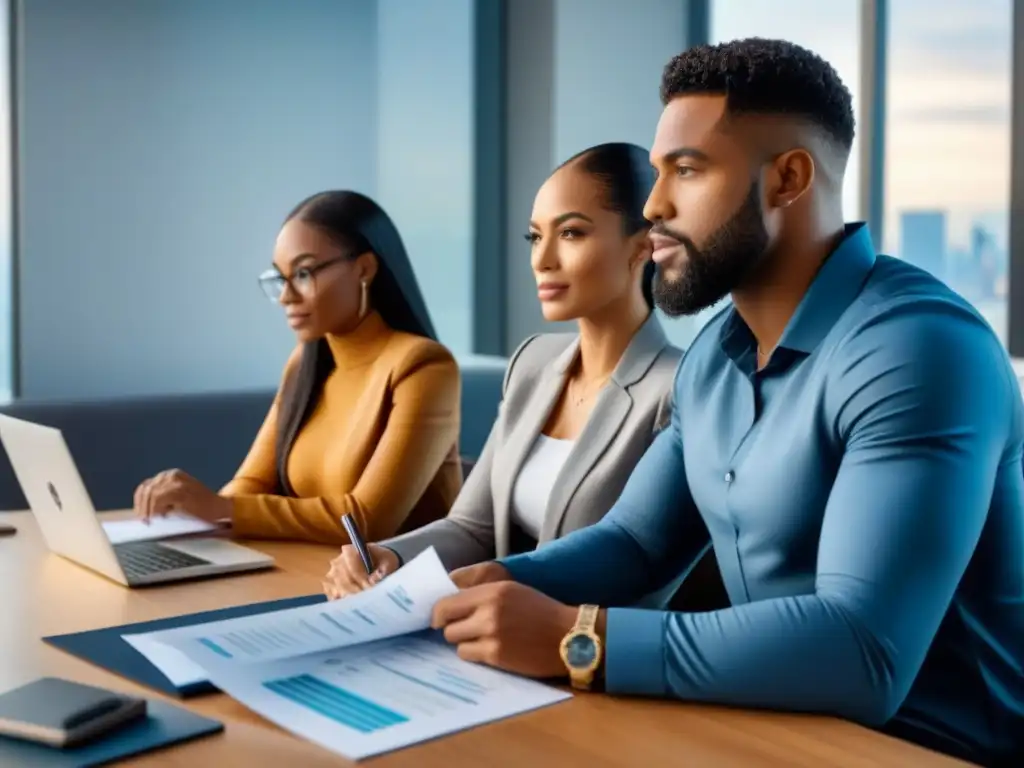Revisión de refinanciamiento en pareja: Escena de oficina moderna Una pareja diversa revisando documentos financieros en un elegante escritorio, con un ambiente profesional y educativo