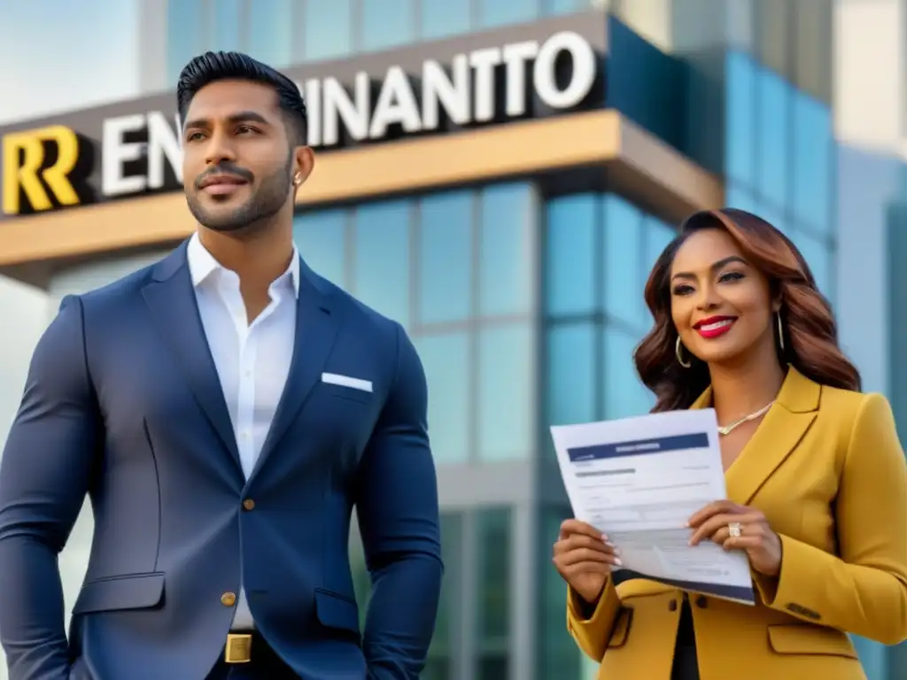 Pareja exitosa: refinanciamiento y estrategias financieras Una pareja diversa, segura y colaborativa frente a un banco moderno, discutiendo estrategias de refinanciamiento juntos en la ciudad