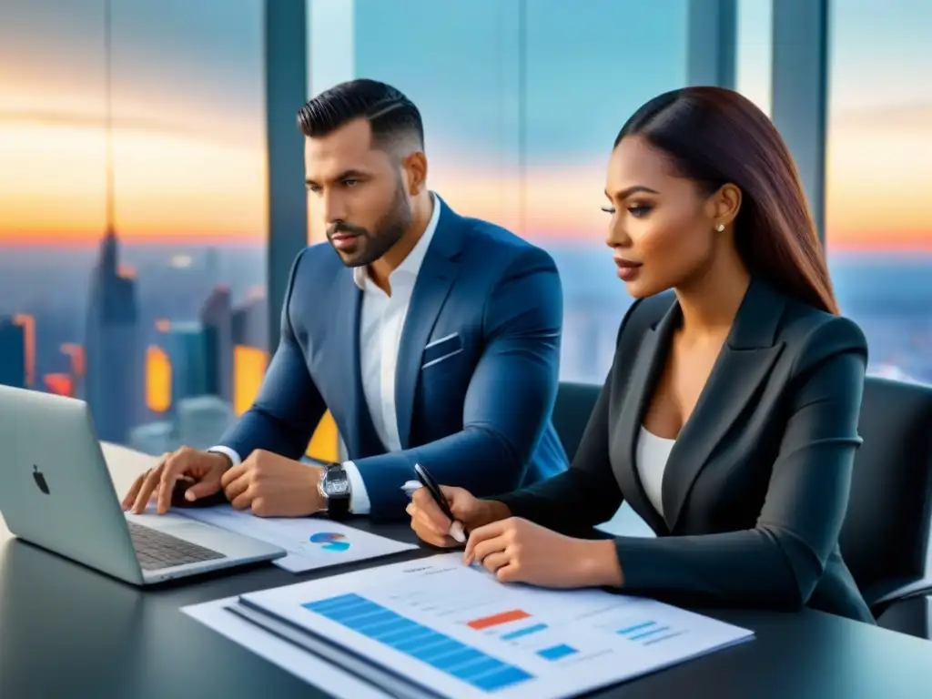 Planificación financiera en pareja: Revisión de documentos y gráficos Una pareja revisa documentos financieros juntos en un elegante escritorio, mostrando estrategias de refinanciamiento en pareja