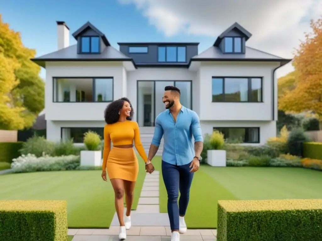 Pareja feliz en casa moderna: financiamiento para primeros compradores Una pareja feliz frente a su moderna casa, rodeados de un vecindario vibrante