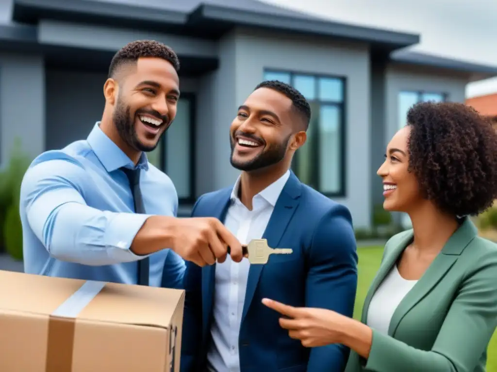 Emotiva entrega de llaves: Pareja feliz recibe su primer hogar Pareja feliz recibe llaves de su primer hogar de agente inmobiliario, rodeados de cajas de mudanza y letrero de vendido