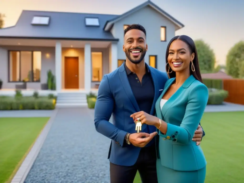 Emotiva entrega de llaves en primera casa Pareja feliz recibe llaves de su primera casa, simbolizando éxito y nuevos comienzos