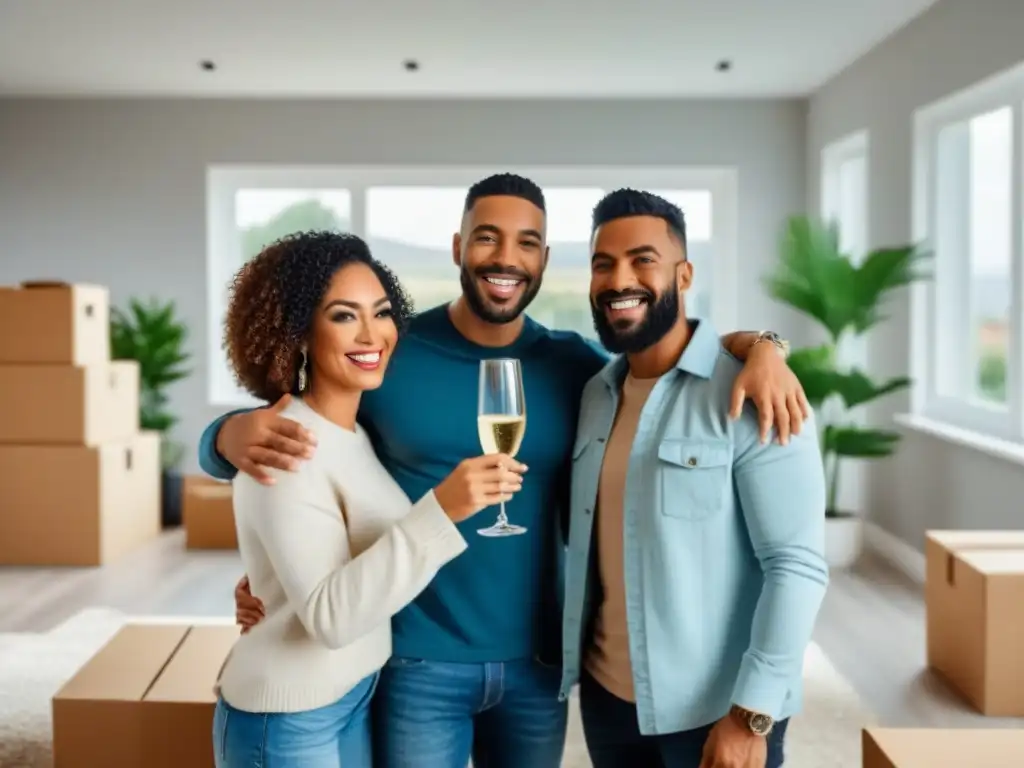 Emocionante brindis en nuevo hogar moderno Pareja brinda feliz en su nuevo hogar, rodeados de cajas y muebles