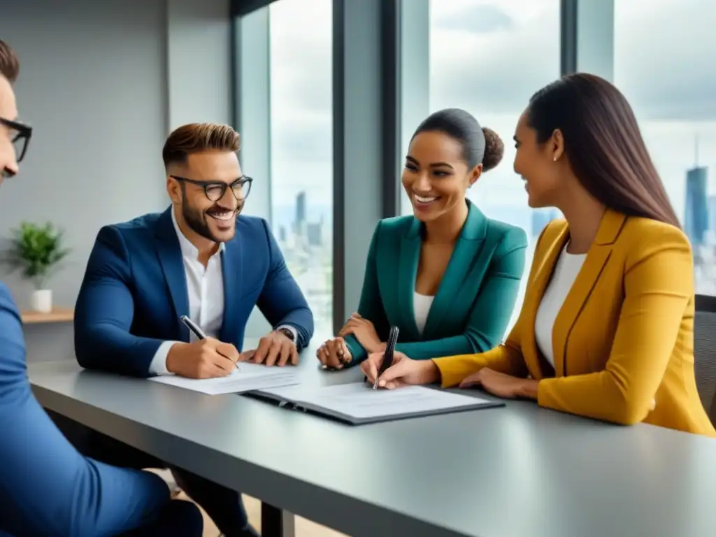 Jóvenes firman contrato con agente inmobiliario en oficina moderna Una pareja firma con alegría contrato de su primer hogar con agente inmobiliario en oficina moderna