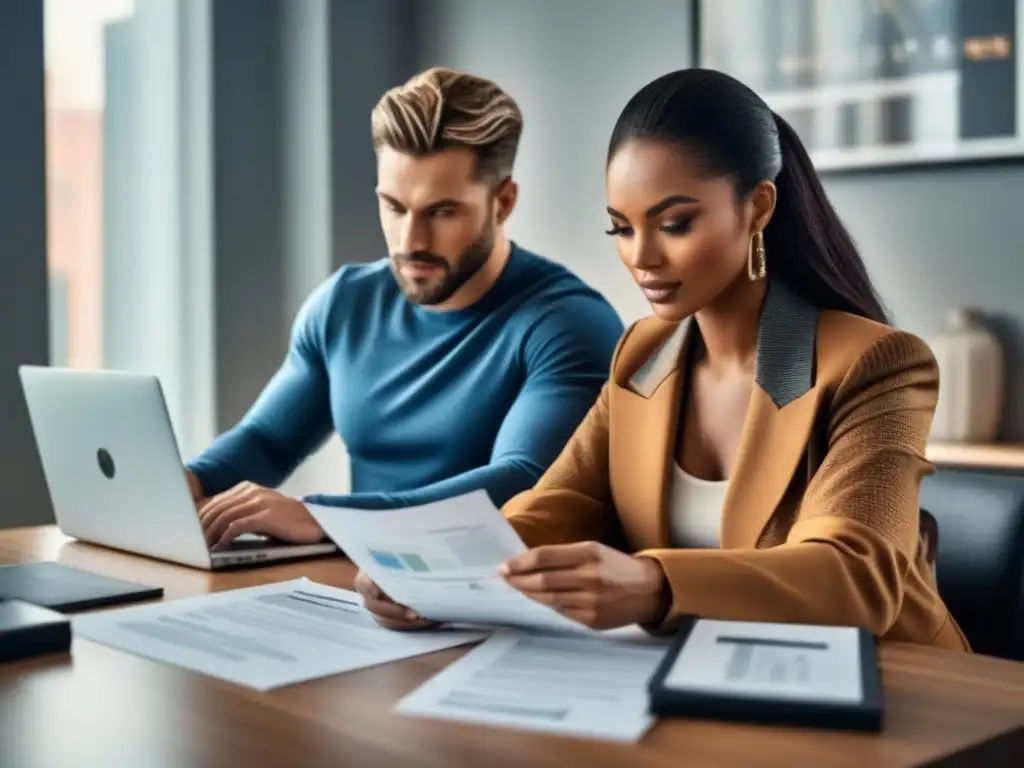 Una pareja joven revisa documentos financieros en un escritorio moderno, mostrando manejo eficiente de deuda hipotecaria