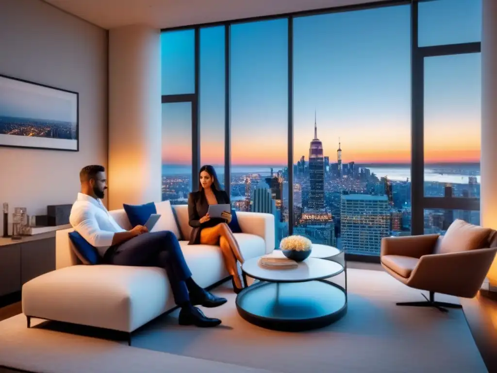 Salón moderno de lujo con vista a la ciudad al atardecer Una pareja sofisticada discute documentos financieros en una lujosa sala con vista a la ciudad al atardecer