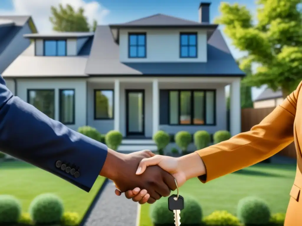 Emocionante entrega de llaves: Pareja feliz recibe su primer hogar Una pareja sonriente recibe las llaves de su primera casa con un agente inmobiliario, seguro hipotecario para primera casa