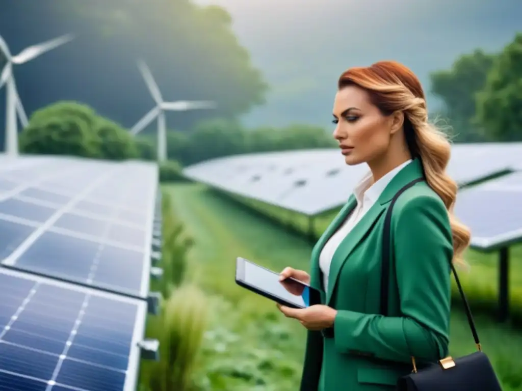 Parque tecnológico verde del futuro: innovación y sostenibilidad Un parque tecnológico verde del futuro con paneles solares y turbinas eólicas; profesionales colaborando en proyectos sostenibles