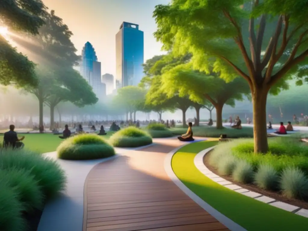 Parque urbano: naturaleza y ciudad en armonía Un parque urbano bullicioso con diseño biofílico integrado, armonizando naturaleza y ciudad al amanecer