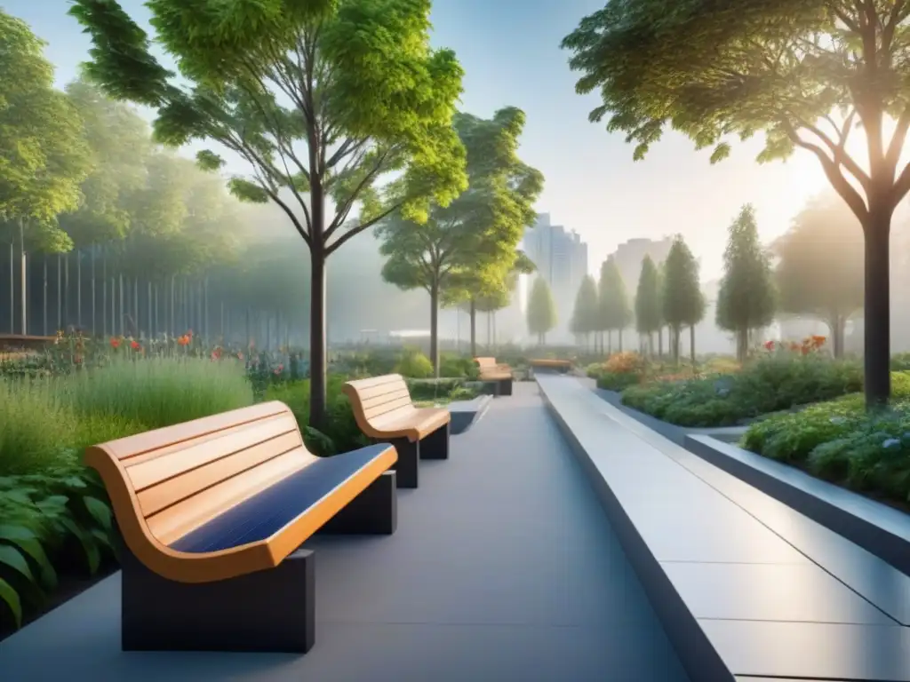 Parque urbano moderno con diseño sostenible y exuberante vegetación Un parque urbano moderno y prístino con paisajismo sostenible y desarrollo inmobiliario integrado, fusionando naturaleza y arquitectura contemporánea