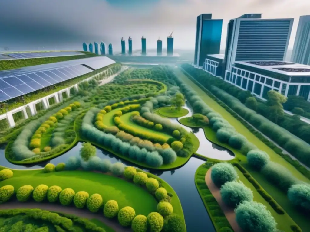 Parque urbano sostenible: visión futurista en 8k Parque urbano sostenible con áreas verdes, tecnología y comunidad diversa