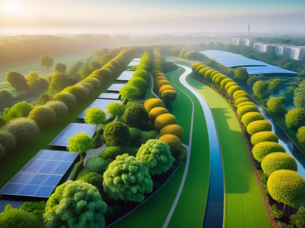 Parque urbano sostenible: naturaleza y modernidad en armonía Un parque urbano verde con arquitectura sostenible, ideal para invertir en proyectos infraestructura verde