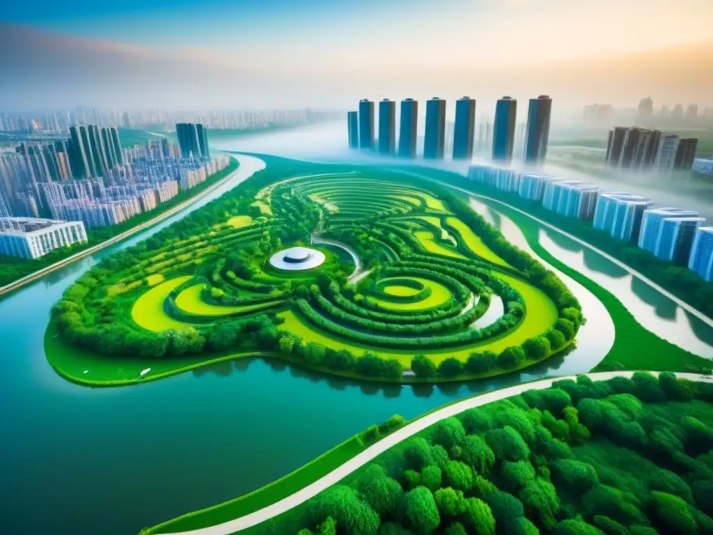 Parque urbano verde: armonía entre naturaleza y modernidad Un parque urbano verde en armonía con la ciudad, ejemplificando el financiamiento de proyectos de infraestructura verde