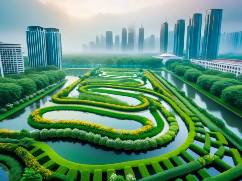 Parque urbano verde: armonía entre naturaleza y modernidad Un parque urbano verde rodeado de rascacielos, reflejando la integración armoniosa de la naturaleza y la ciudad