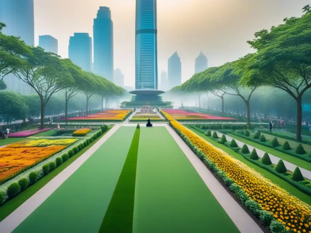 Oasis verde en la ciudad: parque sostenible entre rascacielos Un parque urbano verde rodeado de rascacielos, gente disfrutando de actividades al aire libre