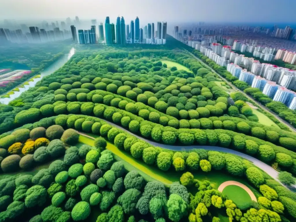 Parque urbano verde en armonía con la ciudad Un parque urbano verde con senderos serpenteantes, árboles y flores vibrantes, rodeado de rascacielos modernos