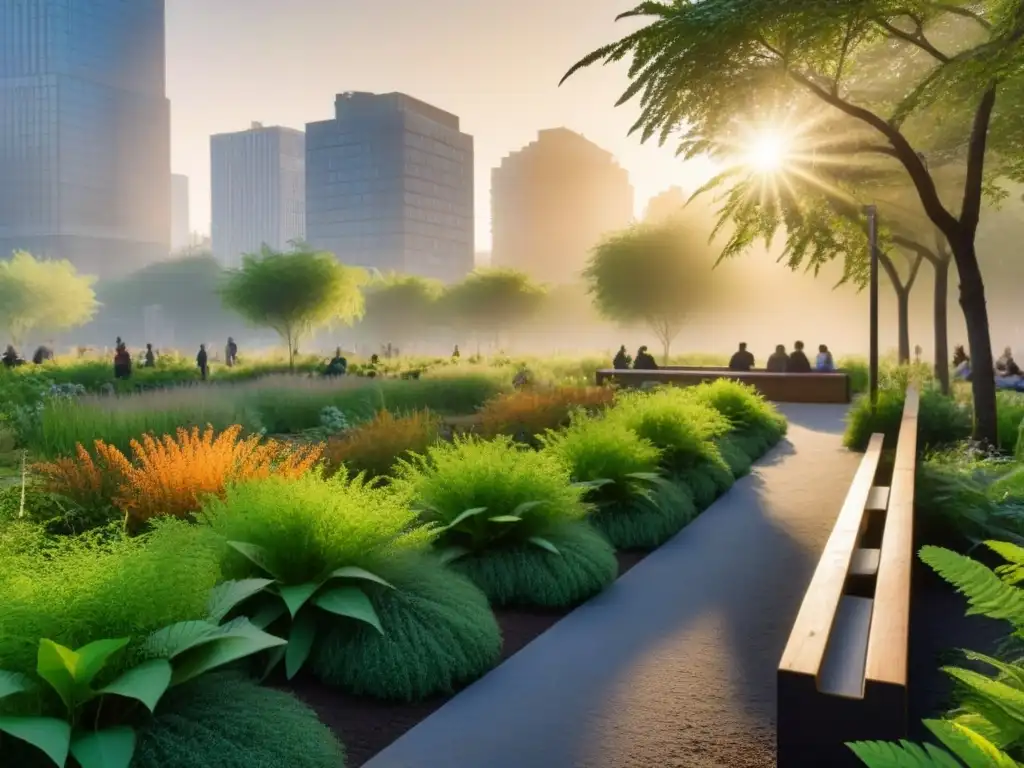 Parque urbano vibrante con vegetación nativa al atardecer Un parque urbano vibrante y exuberante, integrado con bancos y senderos, donde la naturaleza y la vida citadina coexisten en armonía al atardecer