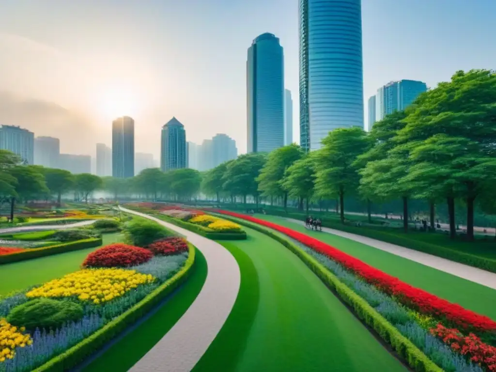 Parque urbano vibrante: naturaleza y modernidad en armonía Un parque urbano vibrante rodeado de rascacielos modernos, resaltando la importancia de la recreación en la valorización de la ciudad