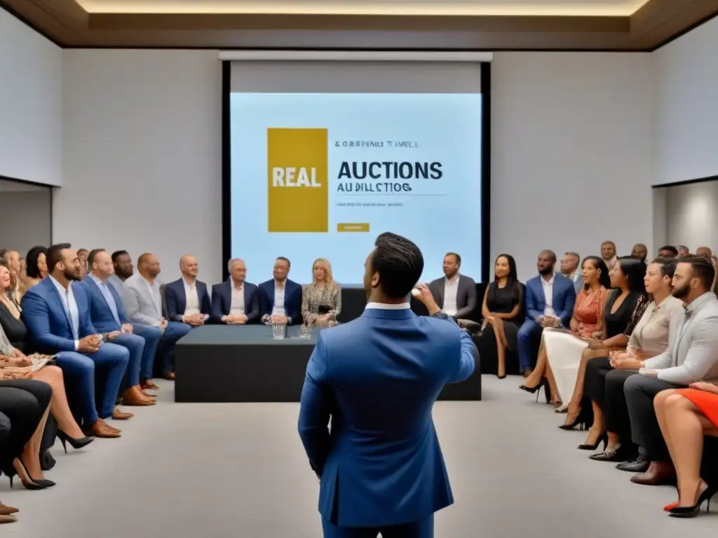 Subasta inmobiliaria moderna con diversidad y tecnología Participantes activos en subastas inmobiliarias modernas, capturando la emoción de la inversión en bienes raíces