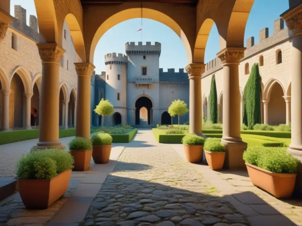 Courtyard del castillo restaurado: historia y modernidad en 8k Un patio de castillo histórico restaurado, con detalles en piedra, vegetación exuberante, flores coloridas y un café moderno