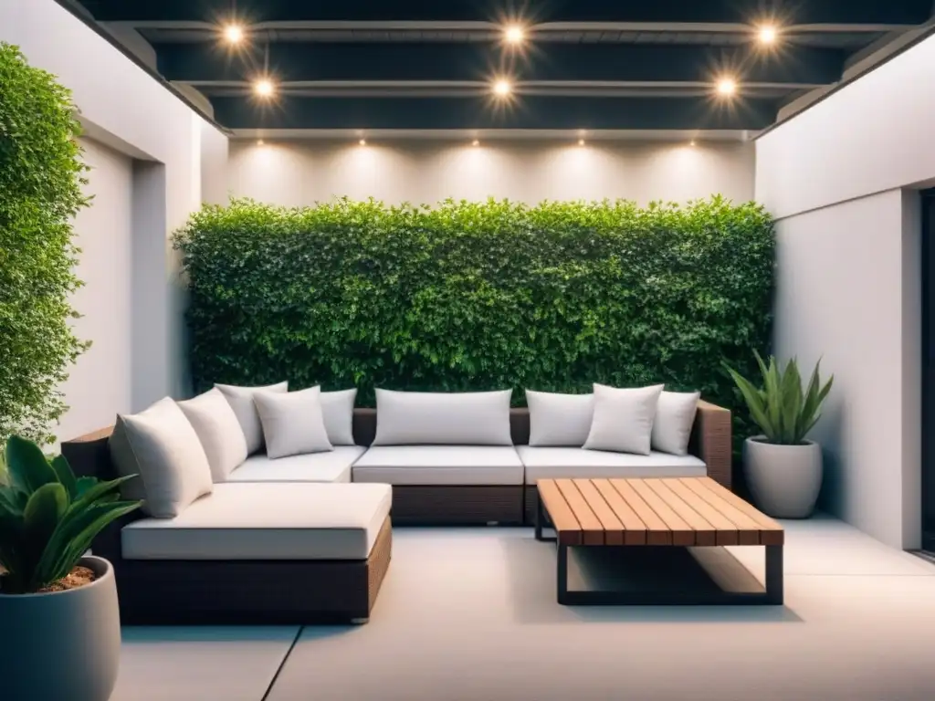 Encantador patio nocturno con luces LED en ambiente mágico Un patio contemporáneo iluminado por LED, creando ambientes mágicos en la noche con exuberante vegetación y diseño moderno