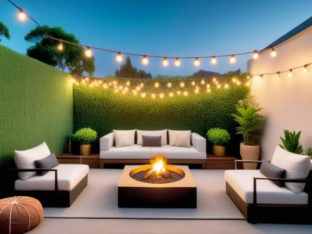 Terraza exterior acogedora iluminada con luces de cuerda Un patio exterior moderno iluminado con luces de cuerda, creando un ambiente cálido y acogedor con cojines mullidos y una fogata crepitante