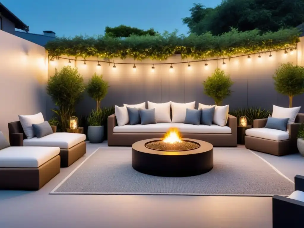 Terraza exterior iluminada: diseño sofisticado y acogedor Un patio exterior moderno iluminado con luces y focos, creando un ambiente mágico